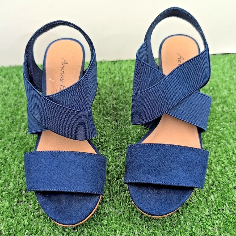 American Eagle AE Women's Shoes 5 Ryan Wedge Sandals Navy Blue Cork Heel‎ Straps